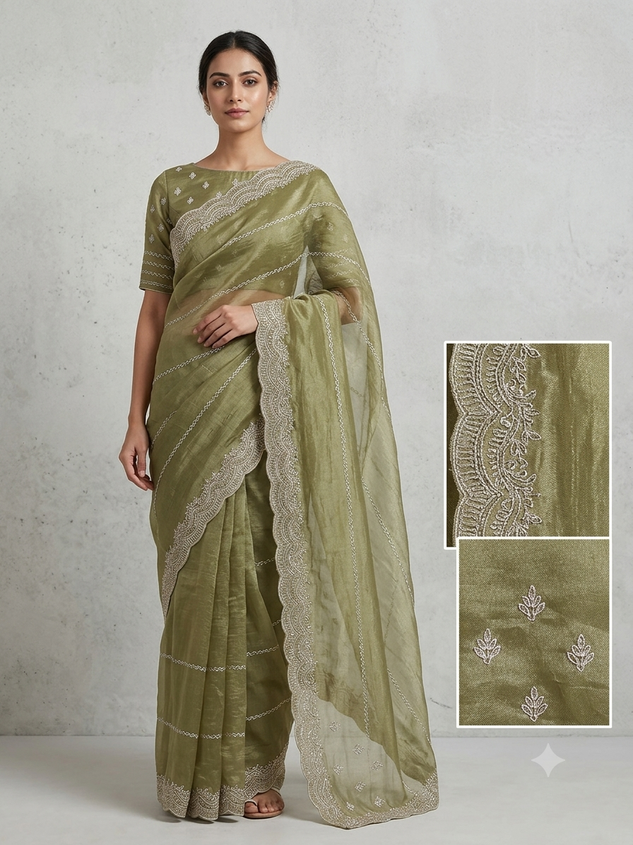Olive Green Organza Saree with Delicate Embroidery