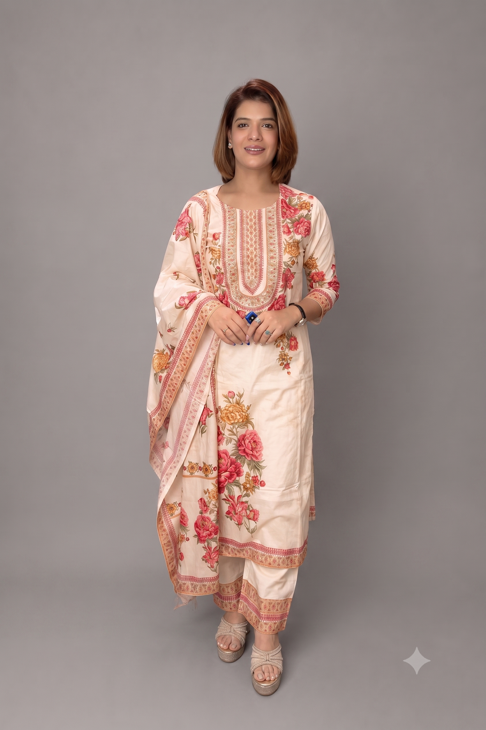 Off-White Floral Printed Straight Kurta Set
