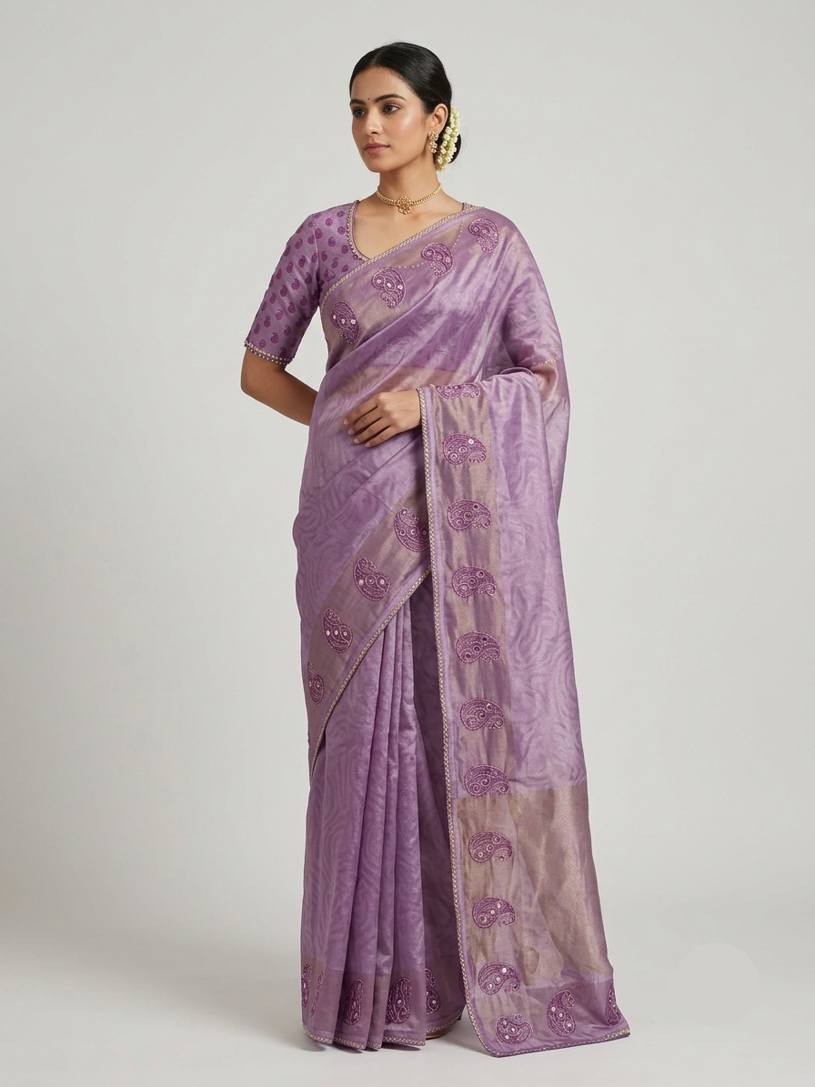 Lavender Organza Saree with Paisley Embroidery and Designer Pallu Main image