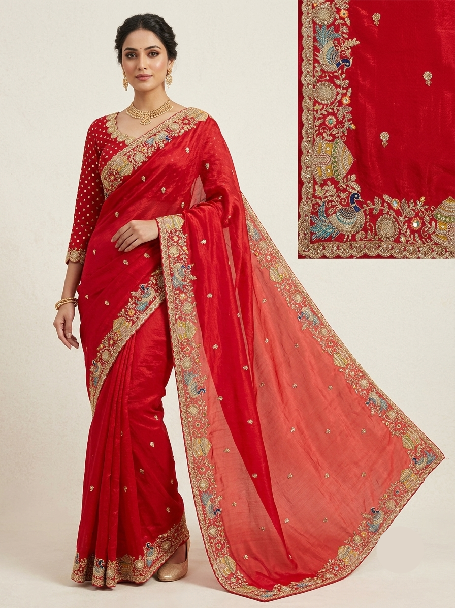 Elegant Red Soft Fabric Saree with Peacock Embroidered Border Main image