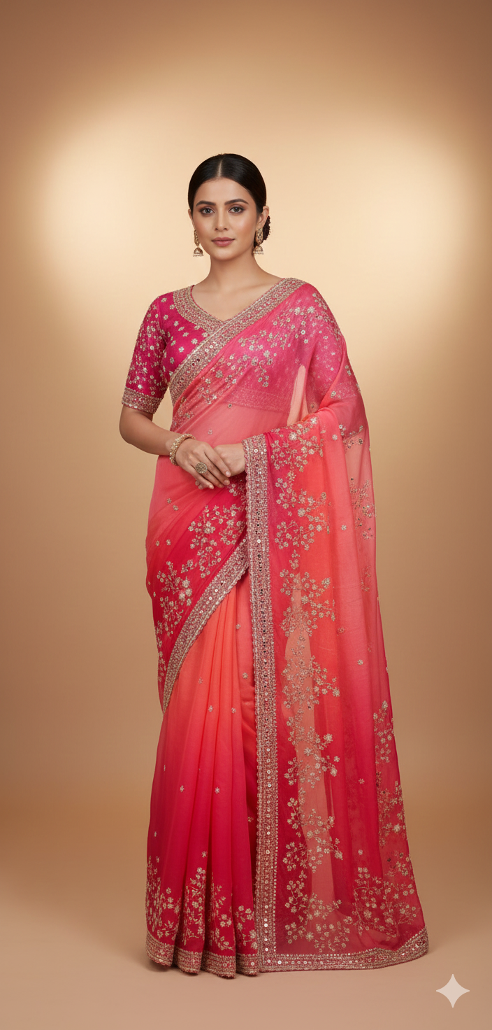 Pink Ombre Saree with Floral Embroidery (V-12692 B-24 Main image