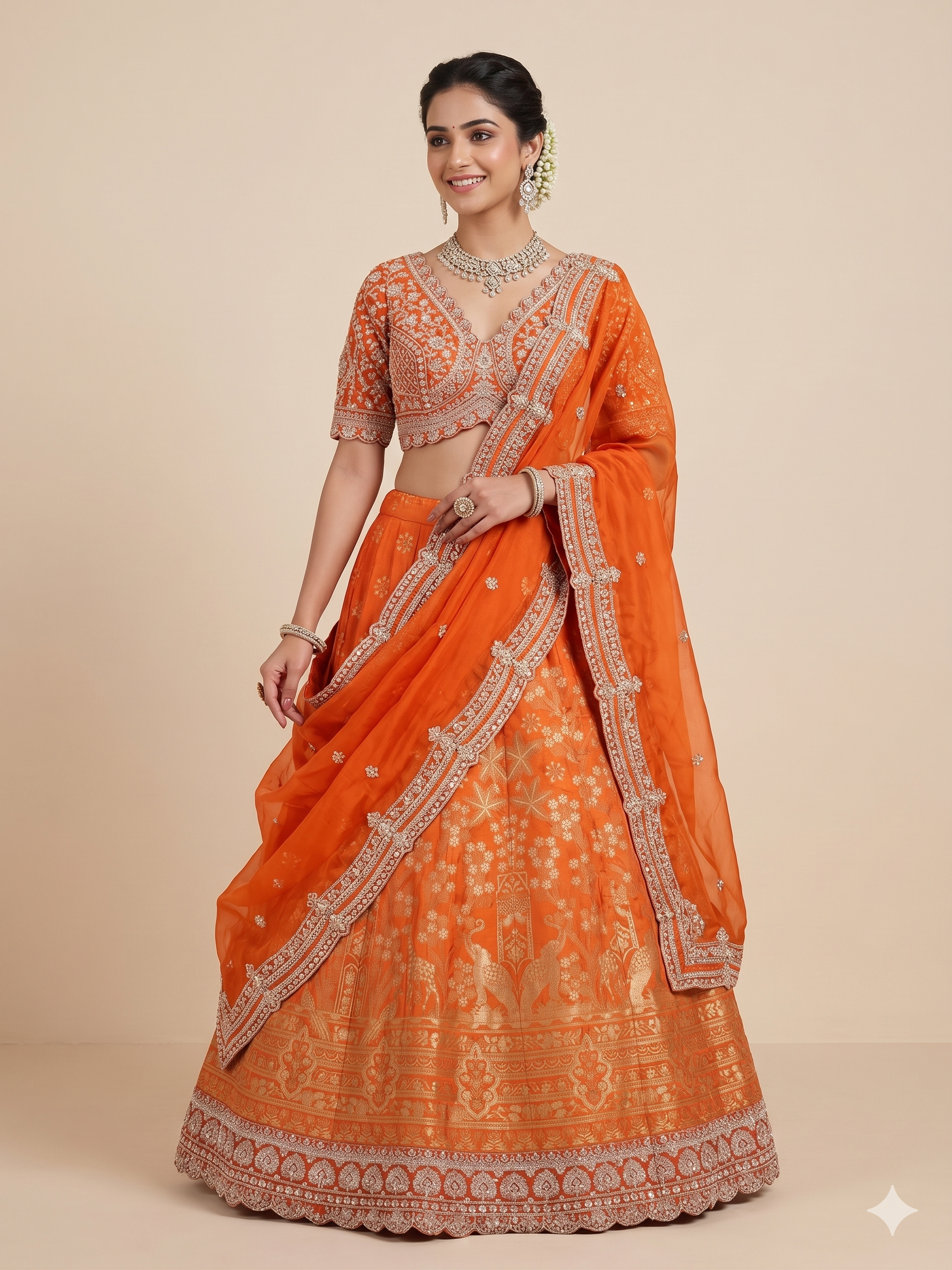 Radiant Tangerine Brocade-Embroidered Lehenga