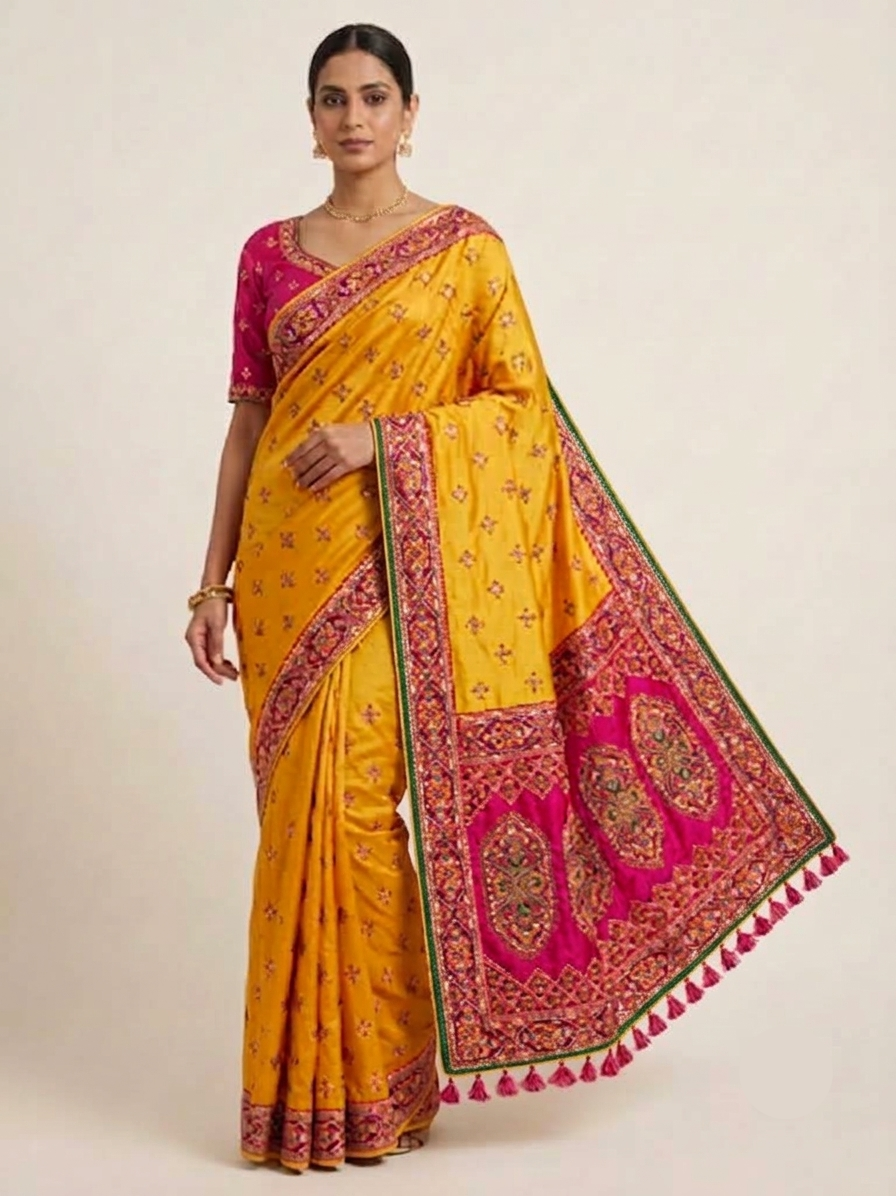 Mustard Yellow Soft Fabric Saree with Rani Pink Embroidered Border Main image