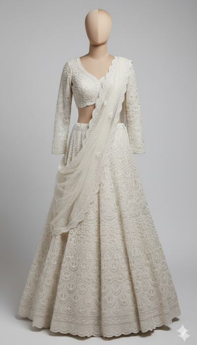 Ivory and White Layered Embroidered Lehenga  (1450 M-146)