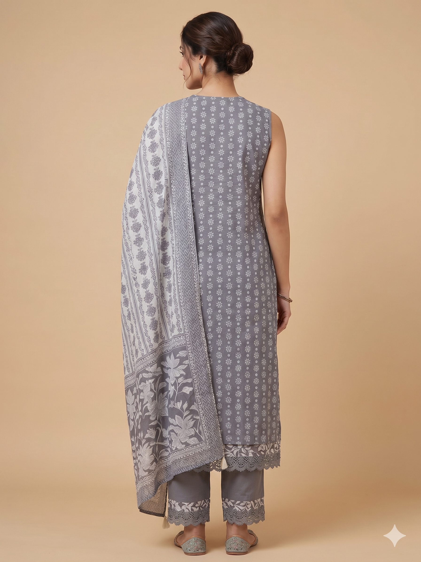 Grey Floral Print Kurta Set Secondary image