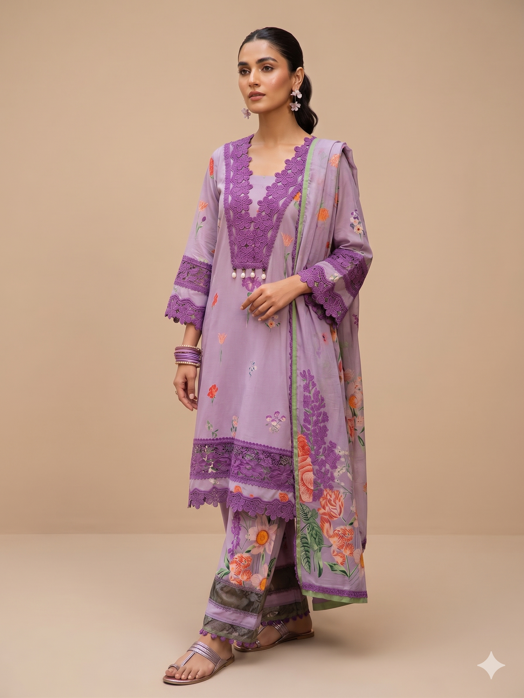 Pastel Floral Printed Suit with Crochet Lace Work