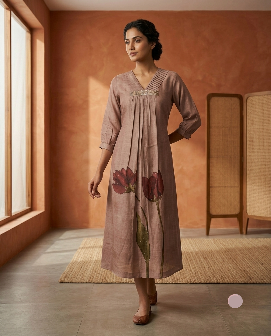 Dusty Rose Pintucked Floral Hand-Painted Kurti Main image