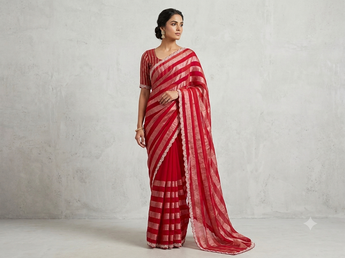 Rani Soft Fabric Saree with Striped Pattern & Lace Border