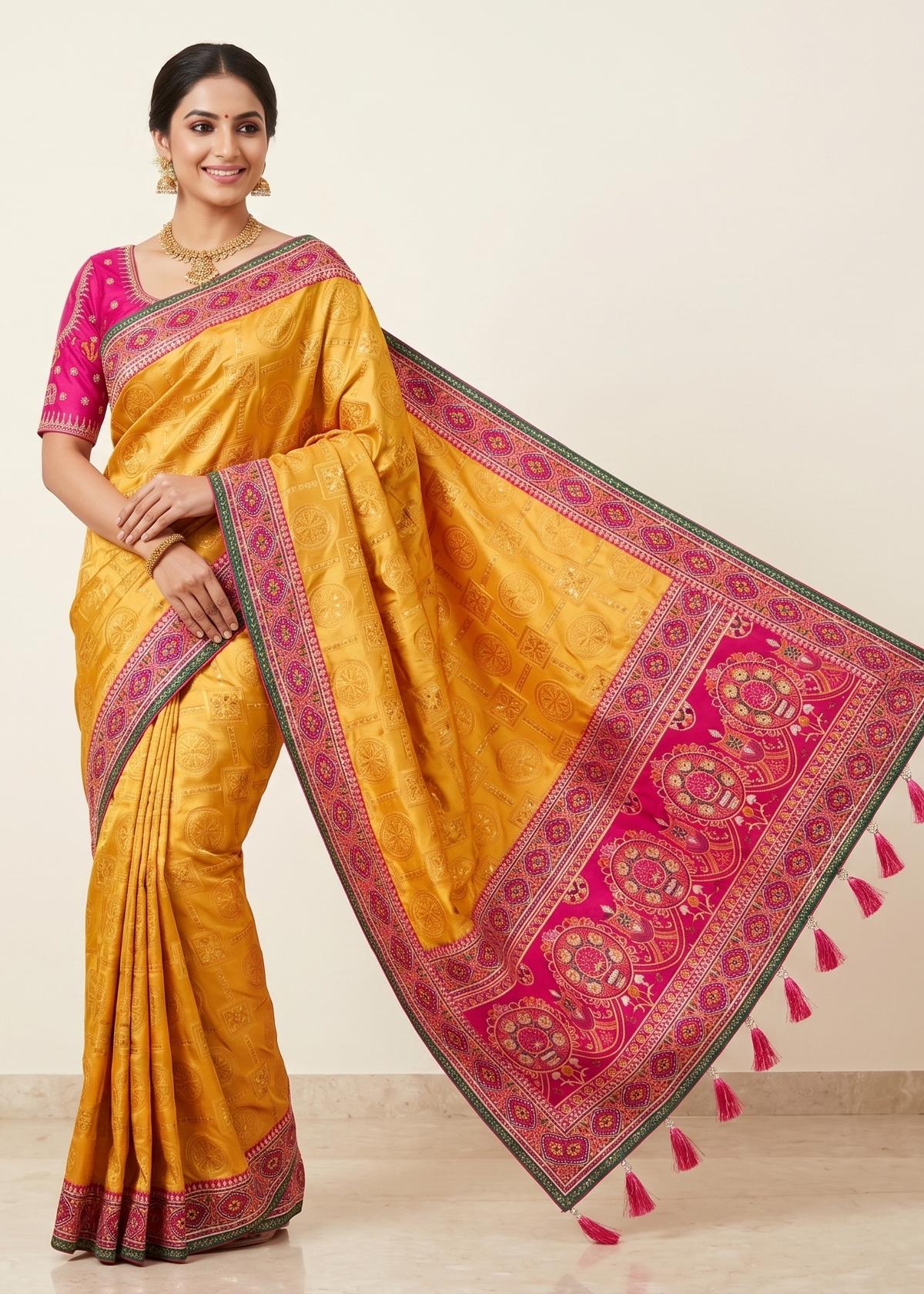 Mustard Yellow Soft Fabric Saree with Rani Pink Border