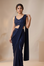 Midnight Navy Blue Pre-Stitched Saree