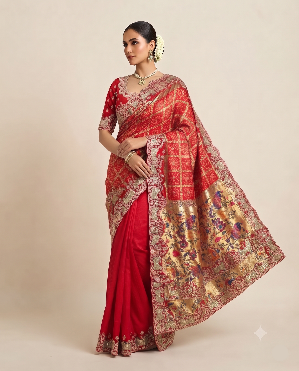 Red Saree with Peacock Pallu