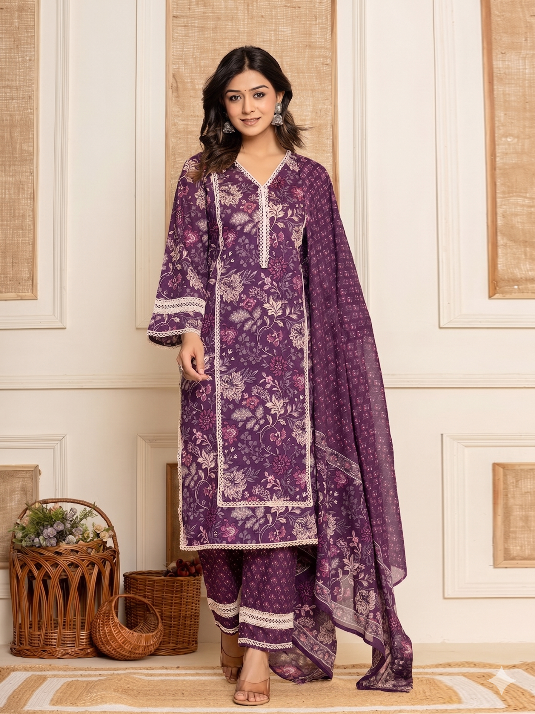 Elegant Maroon Floral Print Kurta Set