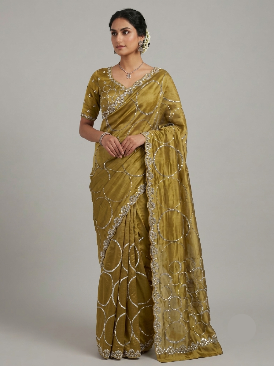 Olive Green Organza Saree with Sequin Embroidery