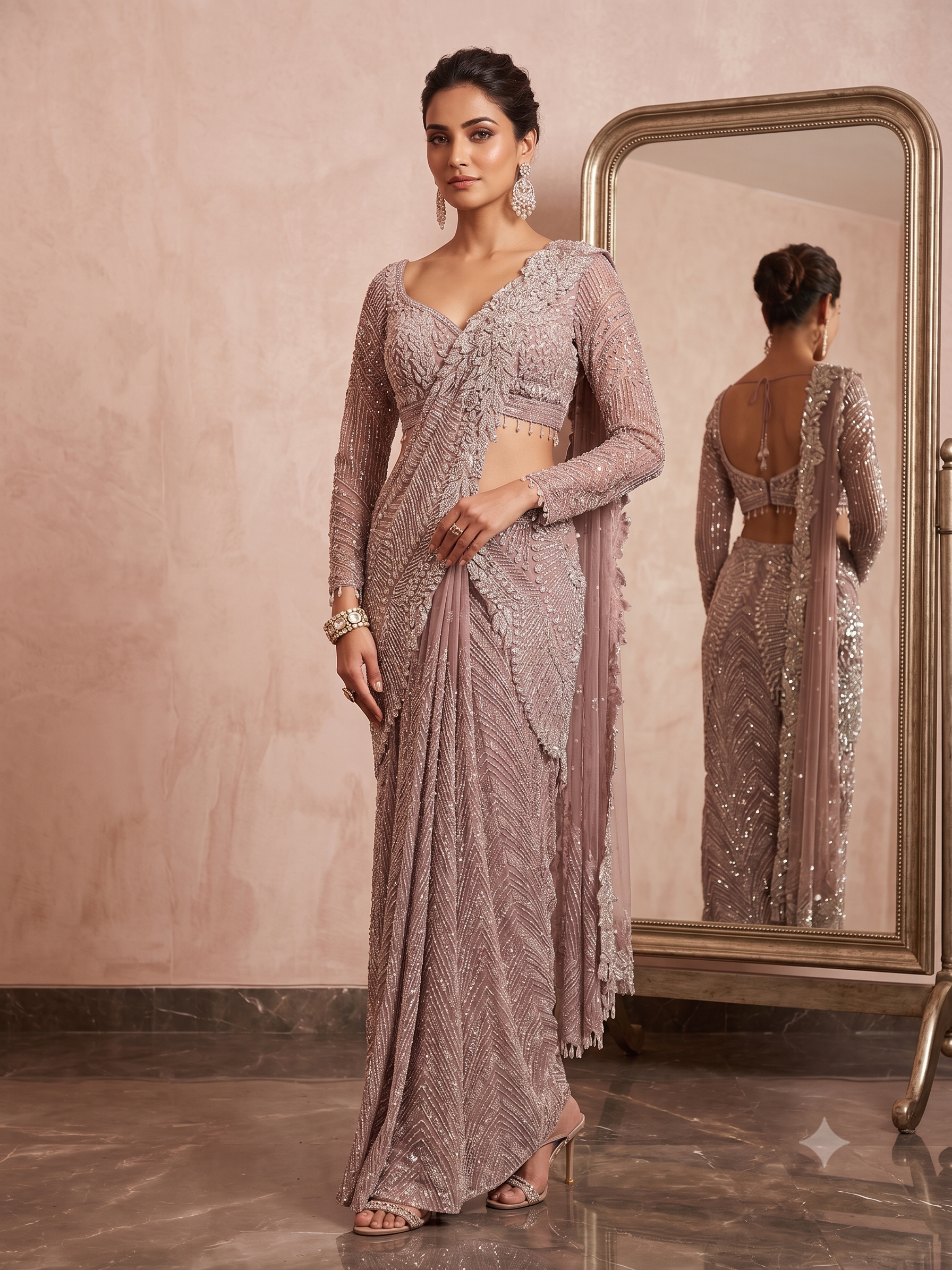 Mauve-Taupe Embellished Drape Saree Main image