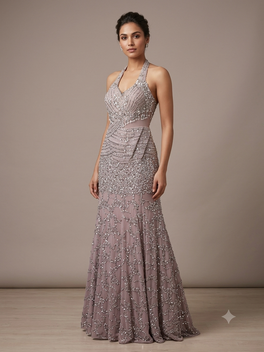 Mauve Embellished Gown with Intricate Sequin
