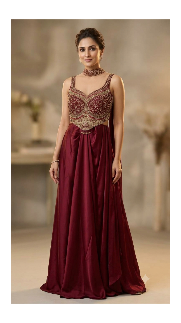 Wine Hand Embroidered Indo-Western Flared Dress With Chocker Dupatta