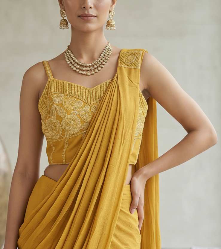 Yellow Pre-Stitched Drape Saree Secondary image