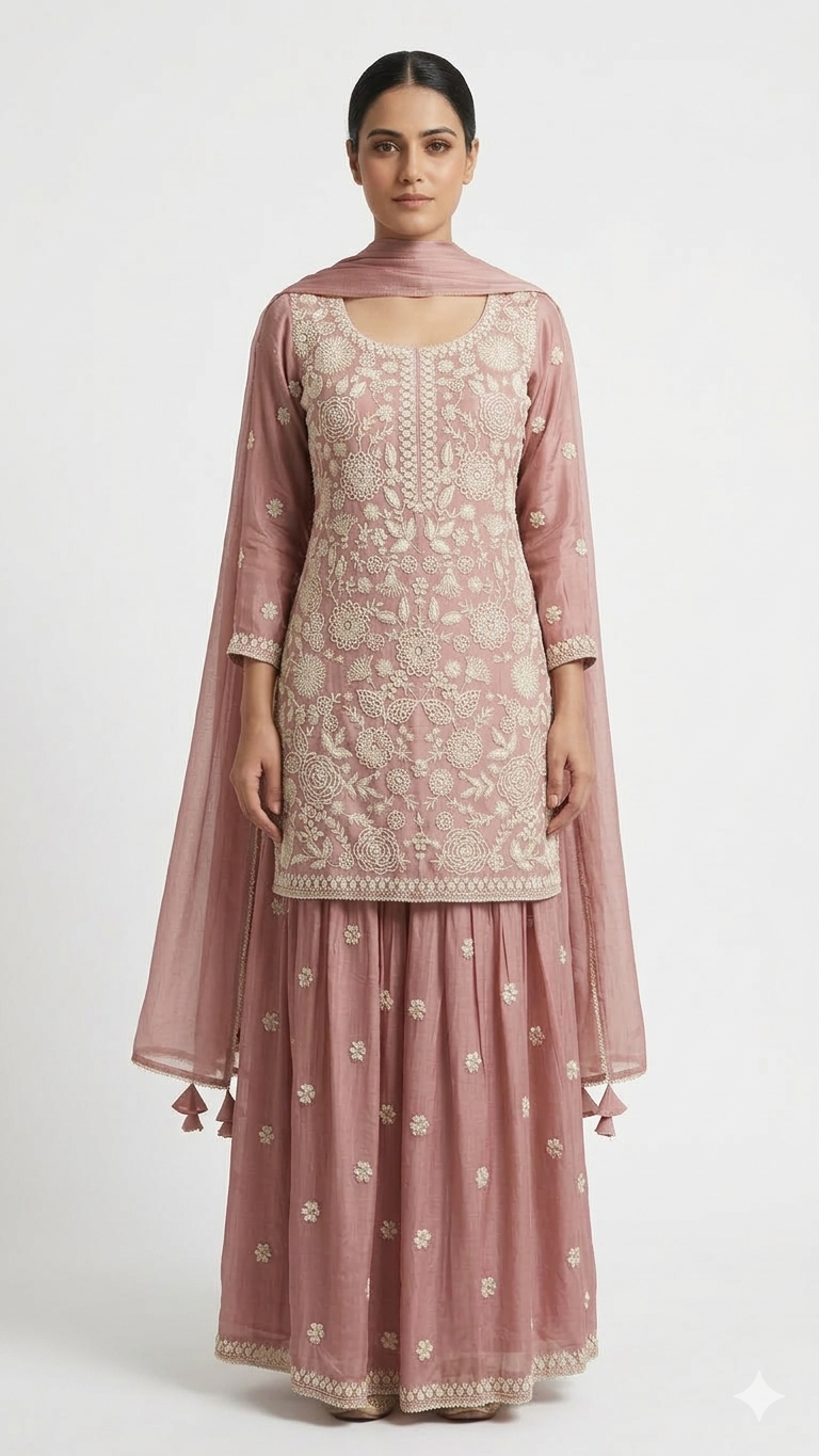 Buy Elegant Heavy Onion Pink Embroidered Kurti with Sharara Set for women