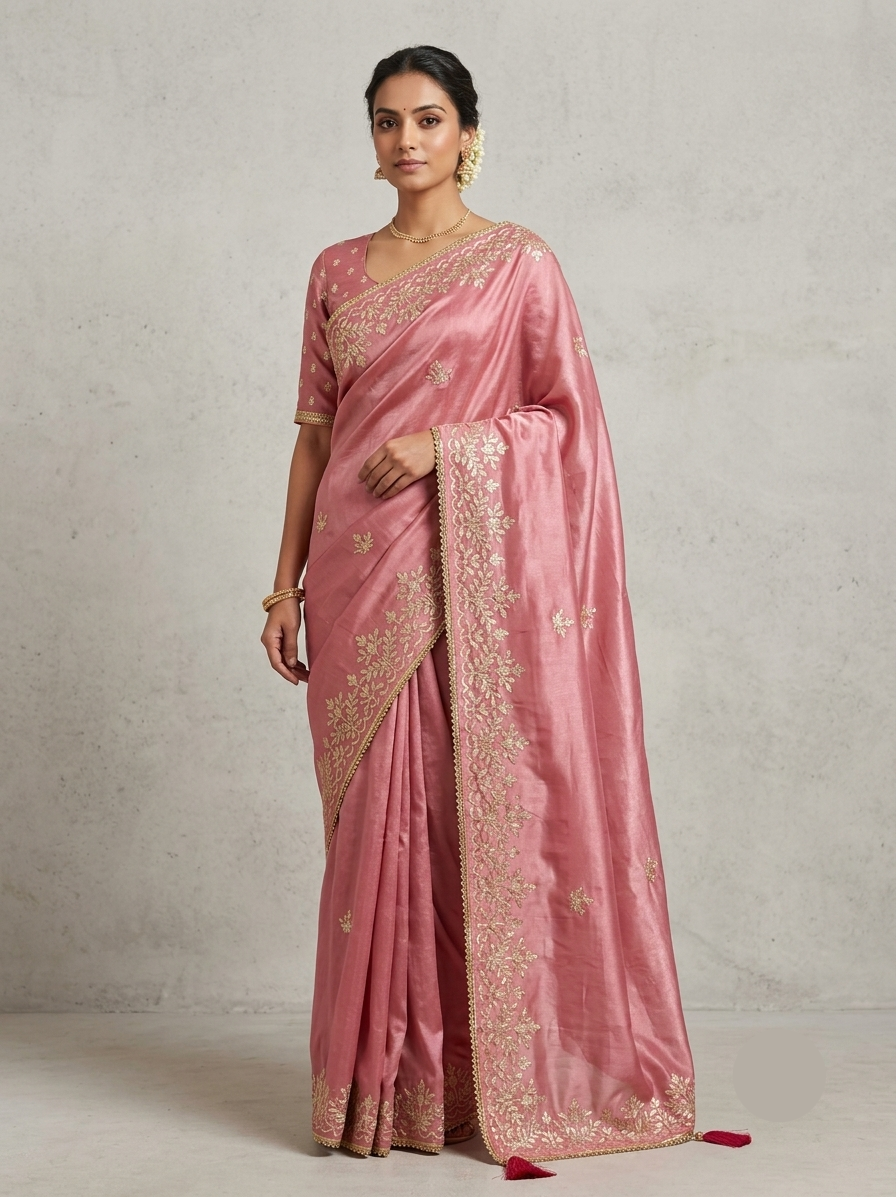 Dusty Pink Organza Saree with Golden Floral Embroidery Main image