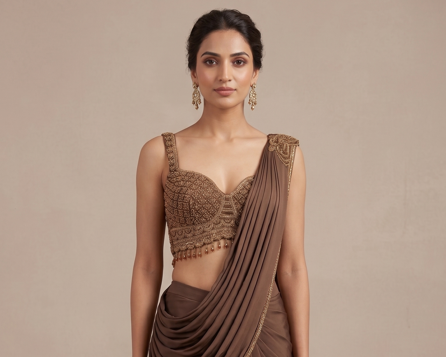 Coffee Brown Modern Draped Saree Secondary image