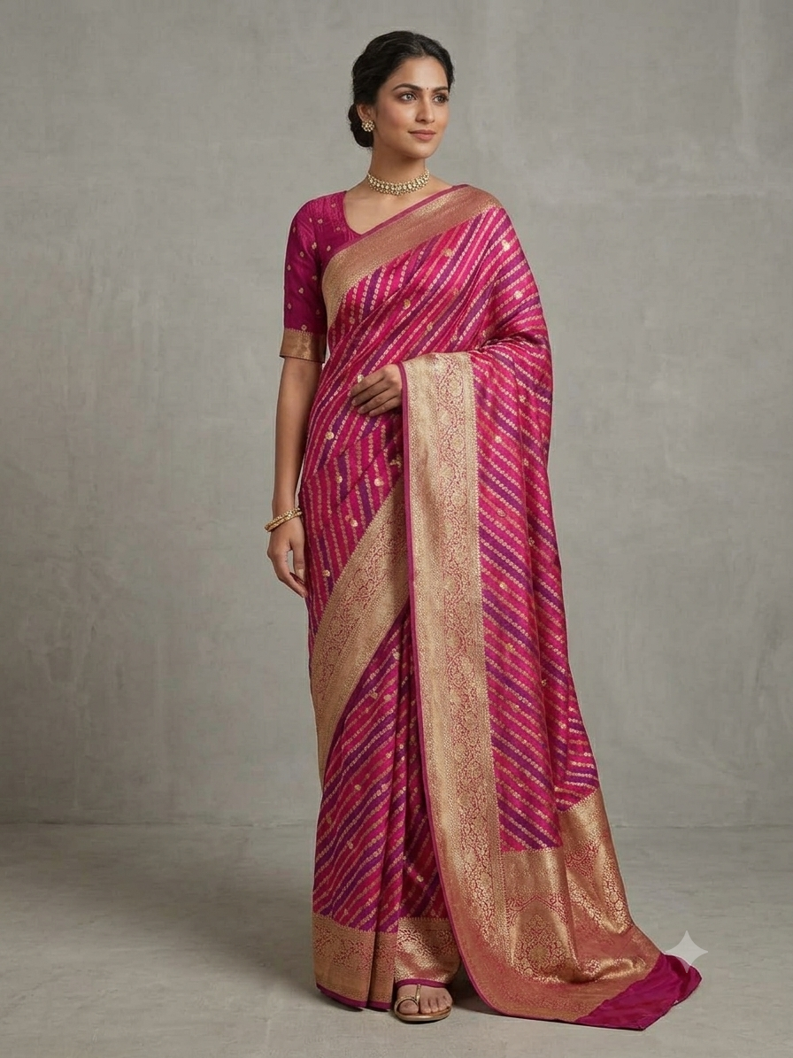 Wine Silk Saree with Diagonal Woven Stripes