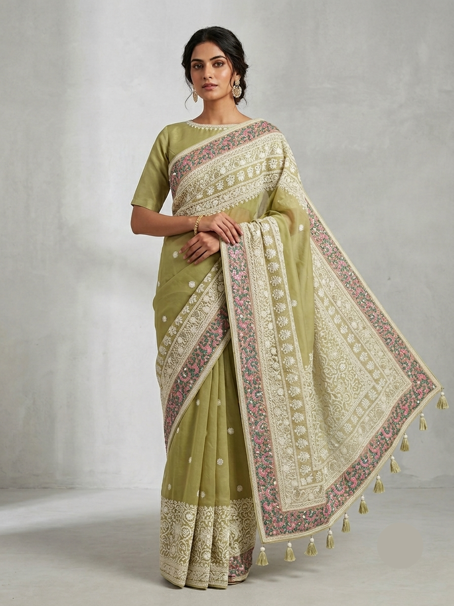 Green Organza Saree with White Floral Embroidery and Designer Pallu