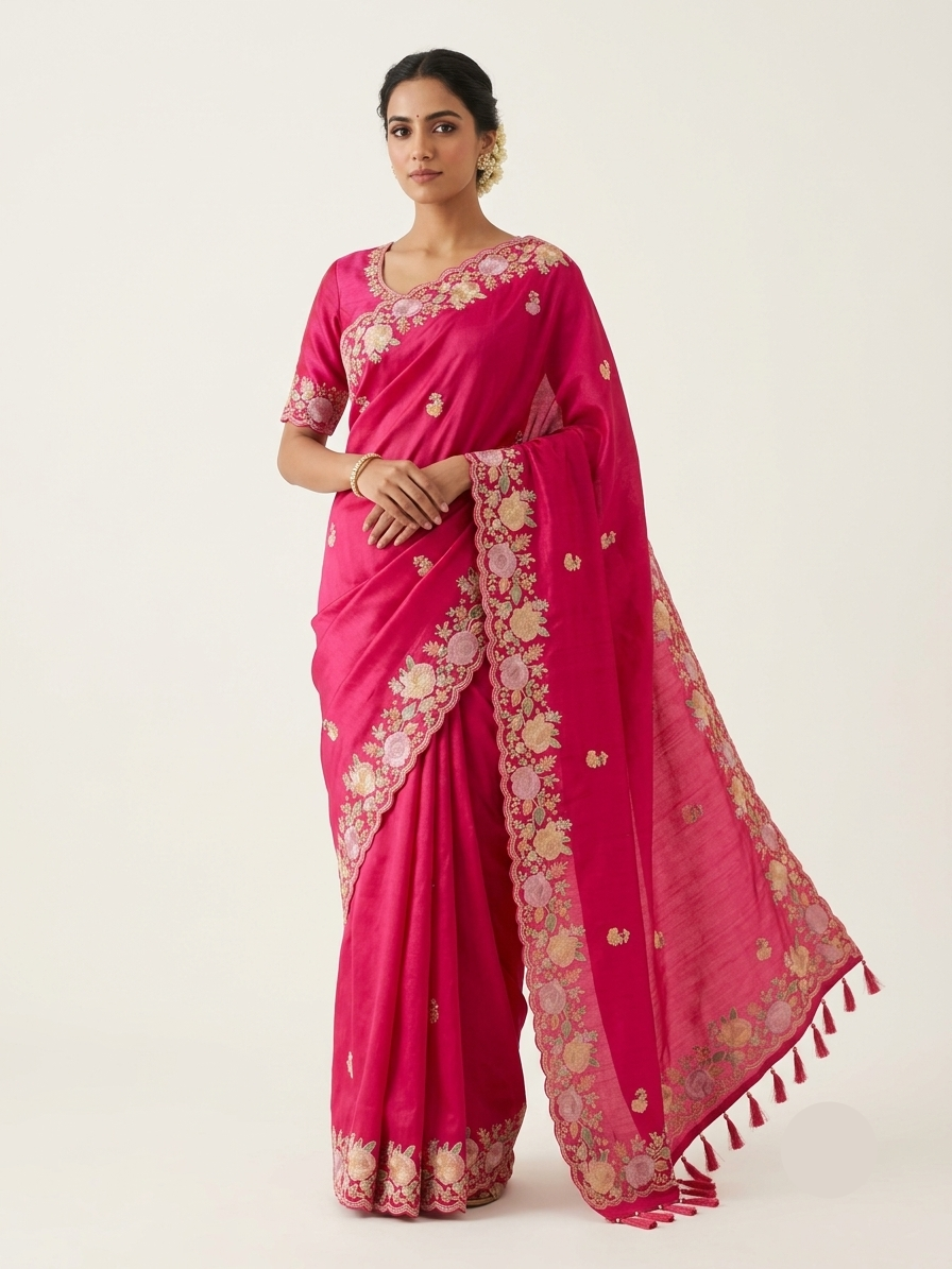 Pink Soft Fabric Saree with Floral Embroidery and Designer Pallu Main image
