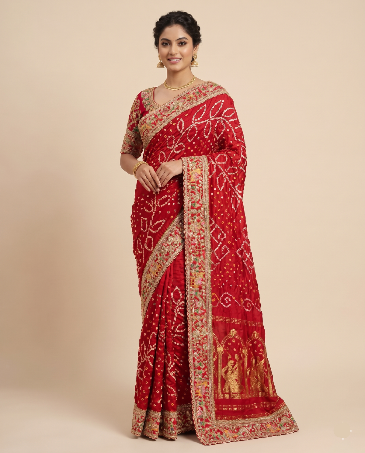Elegent Crimson Red Bandhani Silk Saree Main image