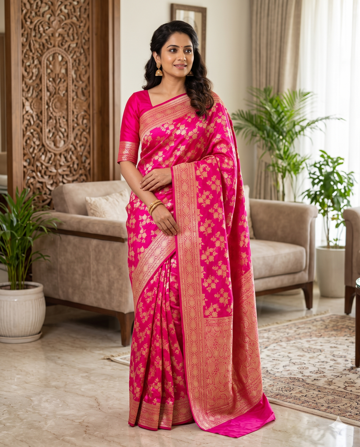 Rani Pink Banarasi-Style Saree with Golden Floral Butta Motifs Main image