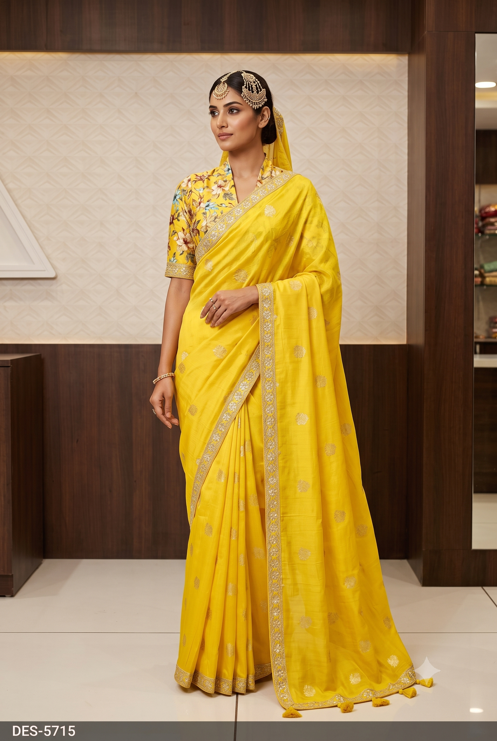 Floral Printed Vibrant Yellow Silk Saree