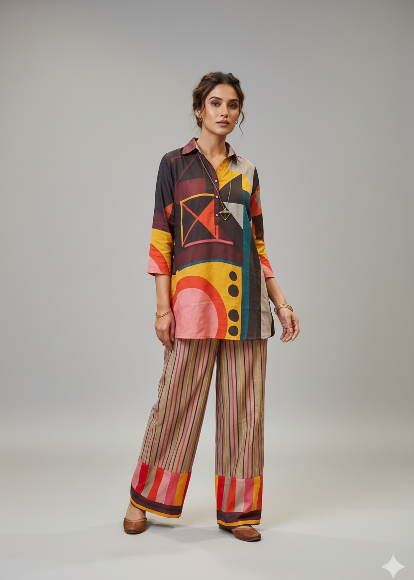 Multicolored Geometric Shirt and Striped Palazzo Set