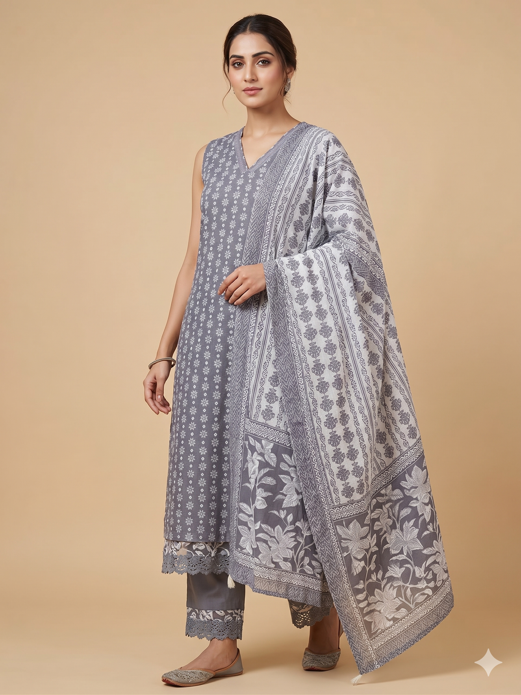 Grey Floral Print Kurta Set Main image