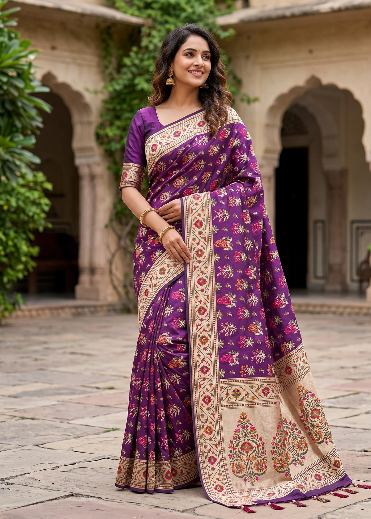 Royal Purple Designer Saree with Multicolour Floral Motifs