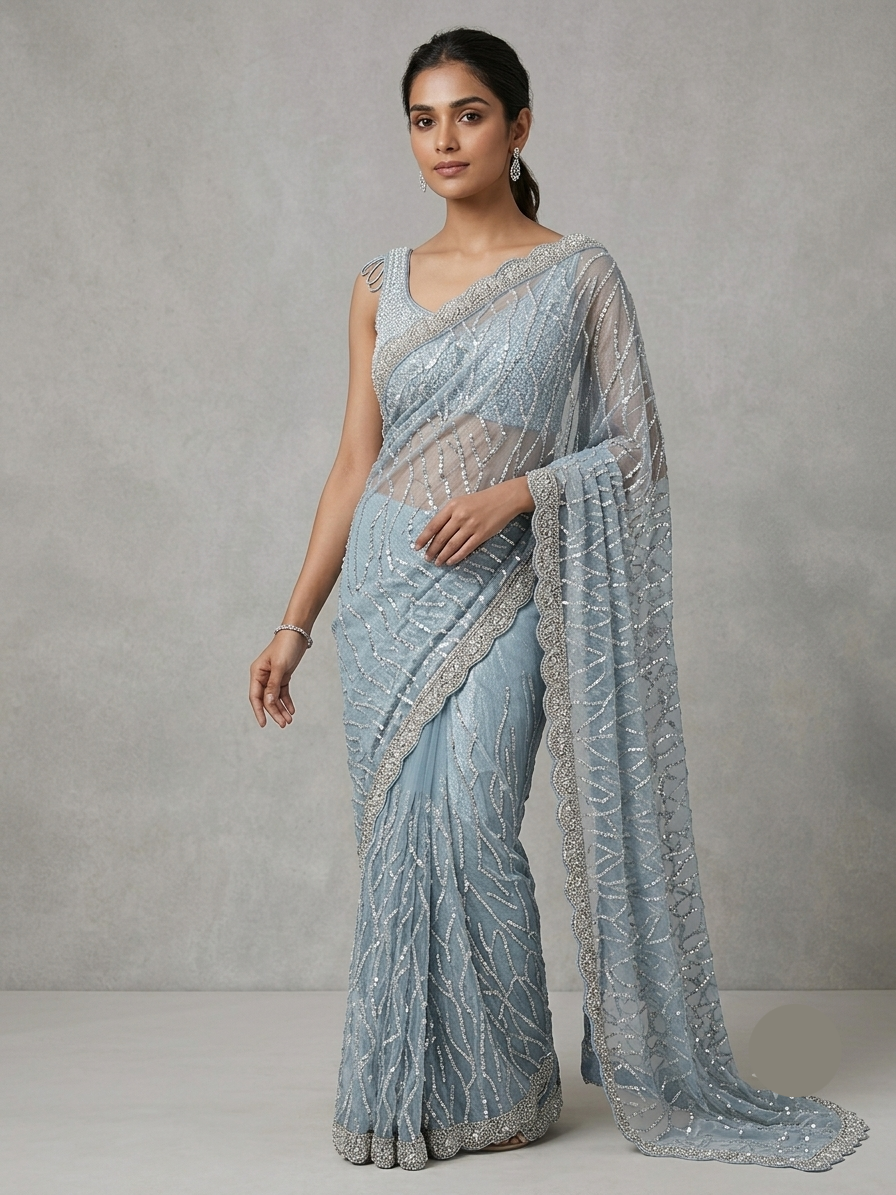 Blue Net Saree with Shimmering Sequin Embroidery