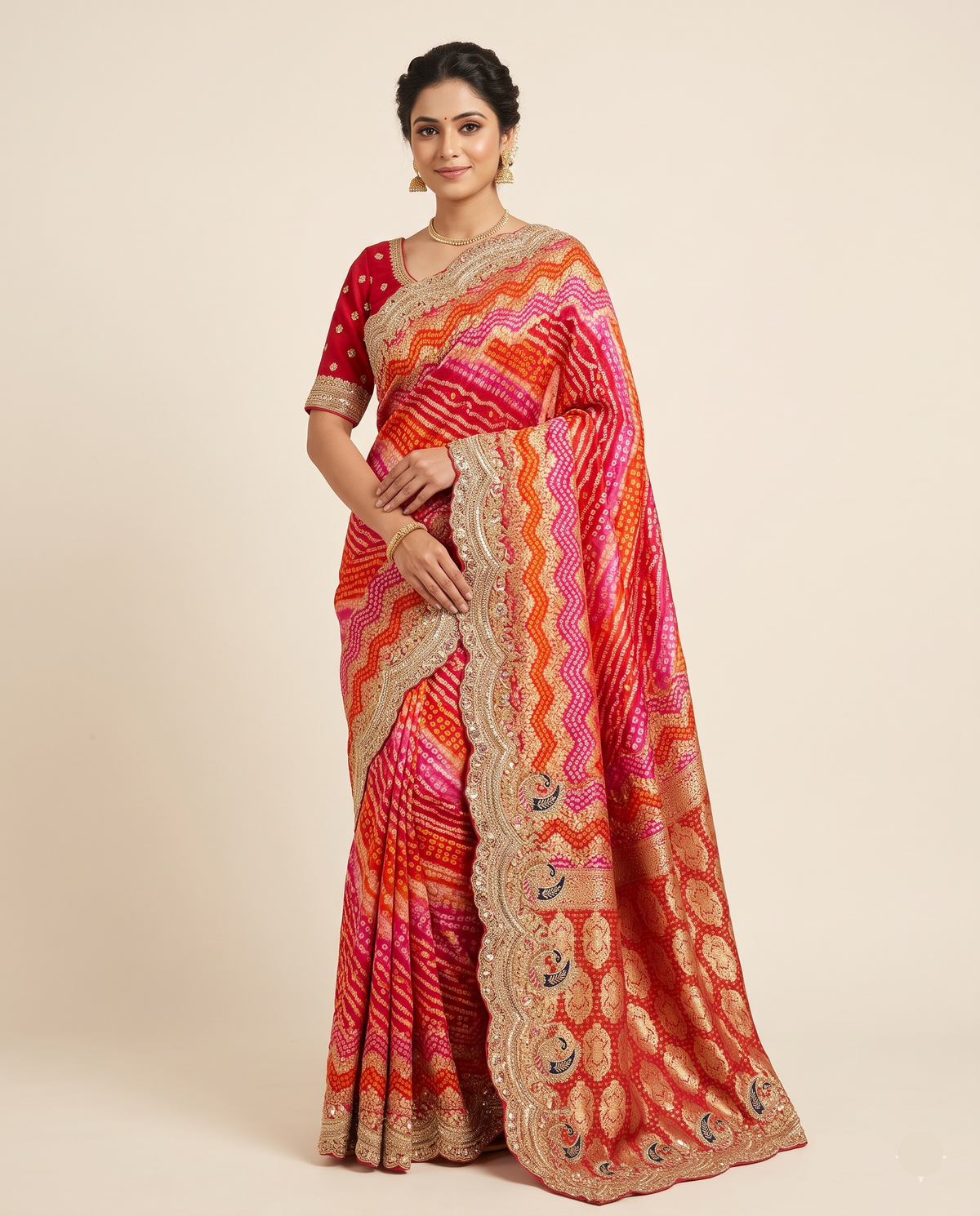 Red & Pink Leheriya Bandhani Silk Saree