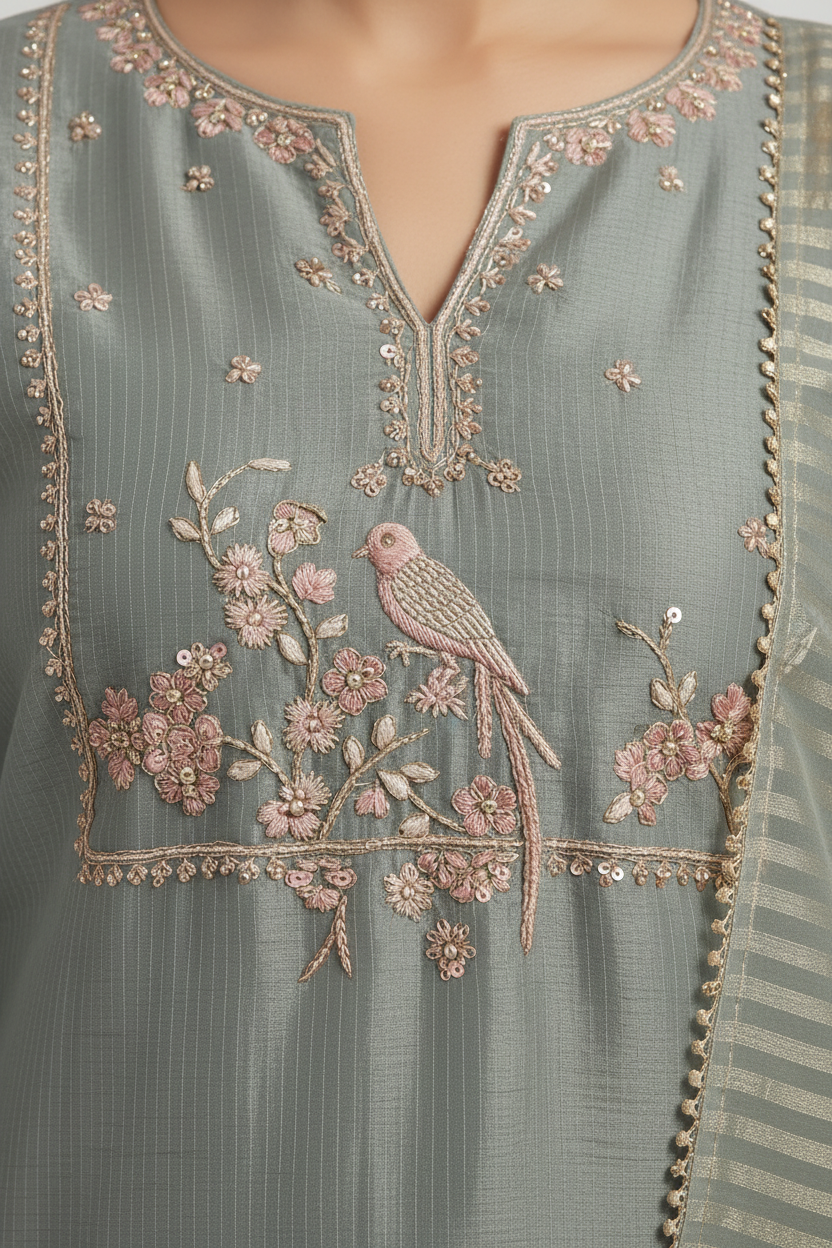 Sage Grey Embroidered Silk Pant Suit Set Secondary image