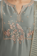 Sage Grey Embroidered Silk Pant Suit Set