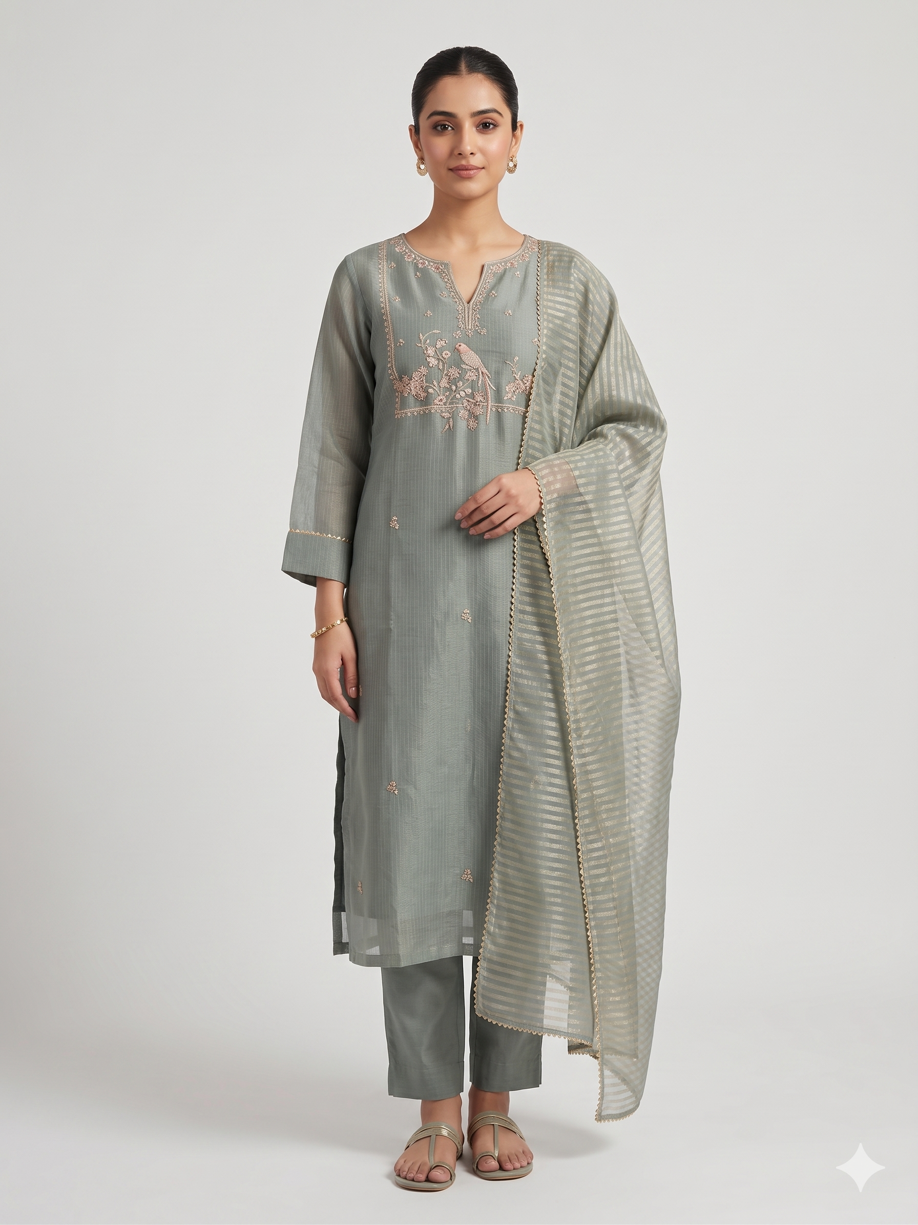 Sage Grey Embroidered Silk Pant Suit Set Main image