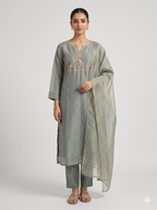 Sage Grey Embroidered Silk Pant Suit Set