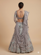 Embroidered Pastel Floral Grey Lehenga Set