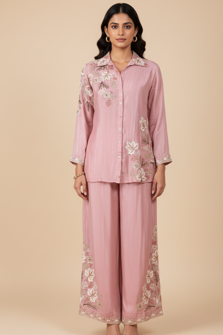 Dusty Rose Embroidered Shirt and Palazzo Cord Set (MR-3611 GA-22) Main image