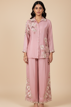 Dusty Rose Embroidered Shirt and Palazzo Cord Set (MR-3611 GA-22)
