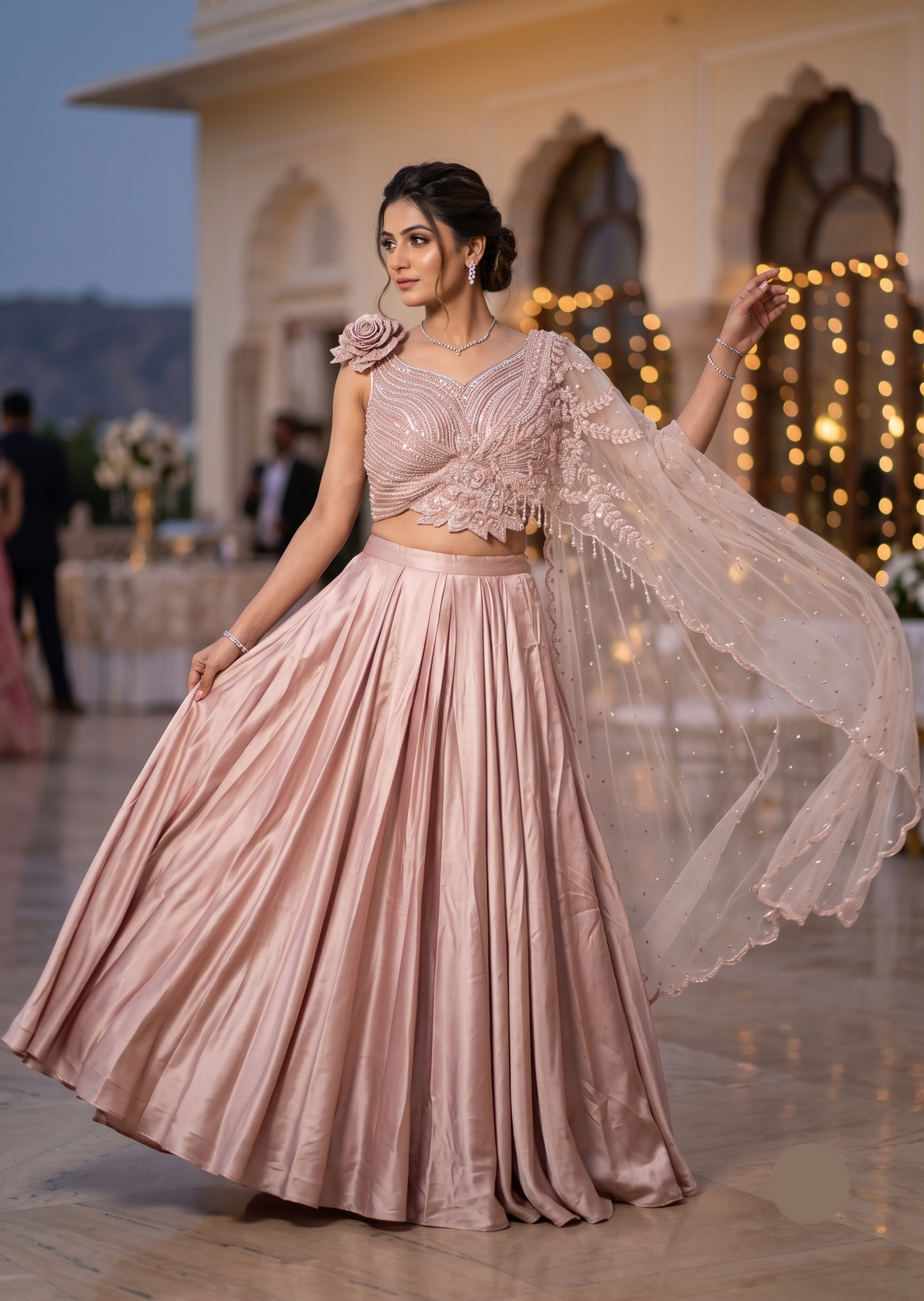 Dusty Rose Hand-Embroidered Asymmetric Indo-Western Skirt & Blouse Set