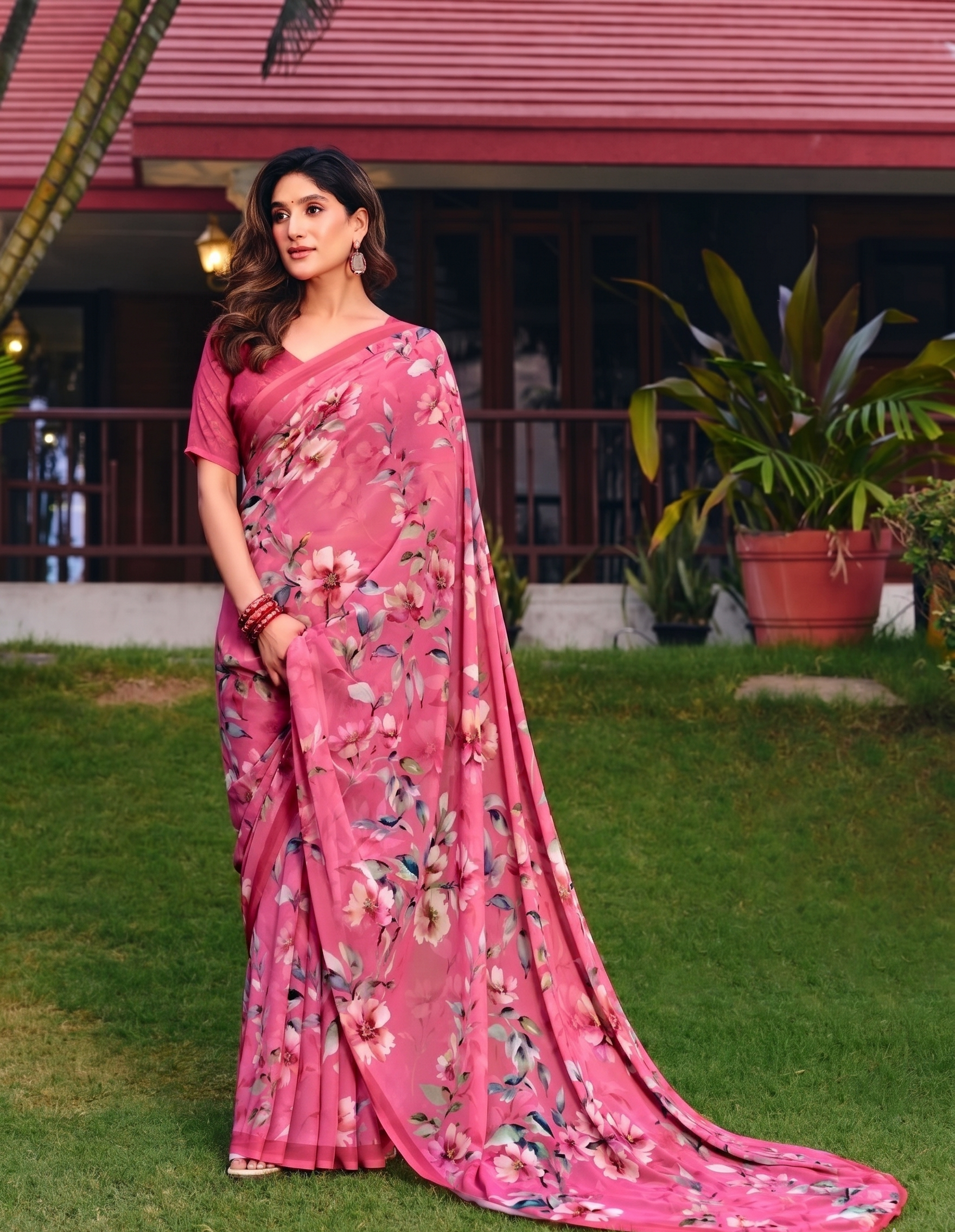 Pink Floral Digital Print Chiffon Saree Main image
