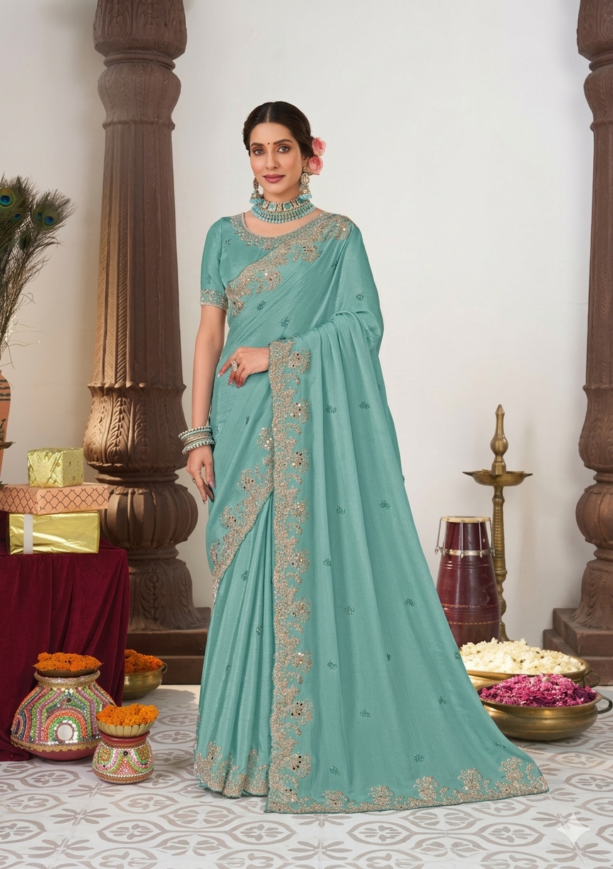 Seafoam Silk-Georgette Saree with Scalloped Zari Embroidery