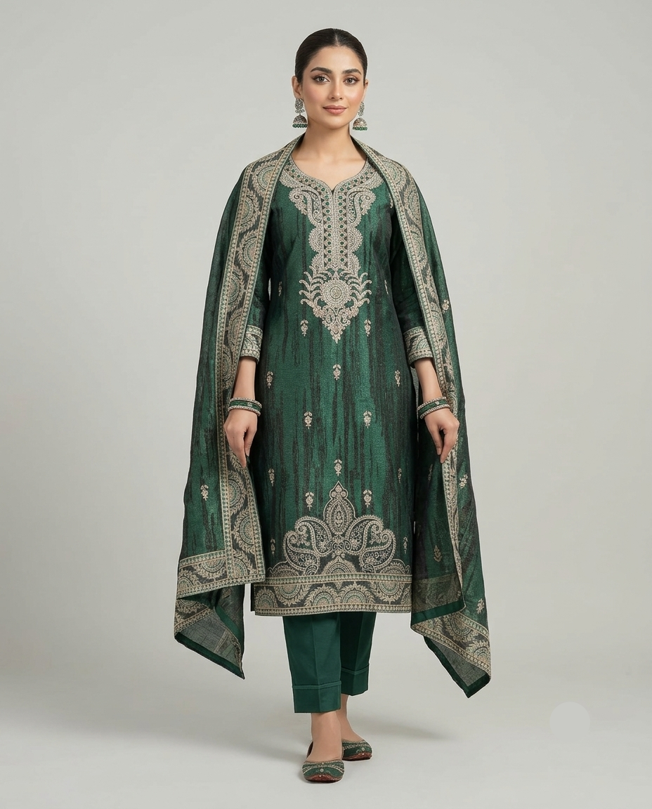 Dark Green Embroidered Unstitched Suit Fabric Set Main image