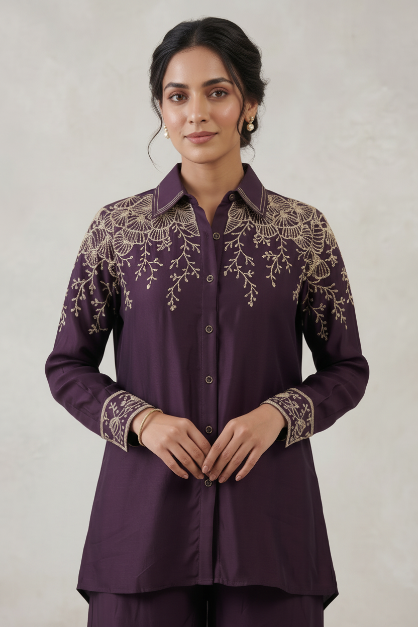 Deep Wine Embroidered Co-ord Set Secondary image