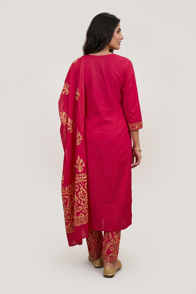 Ikat Border Print Cotton Kurta Set