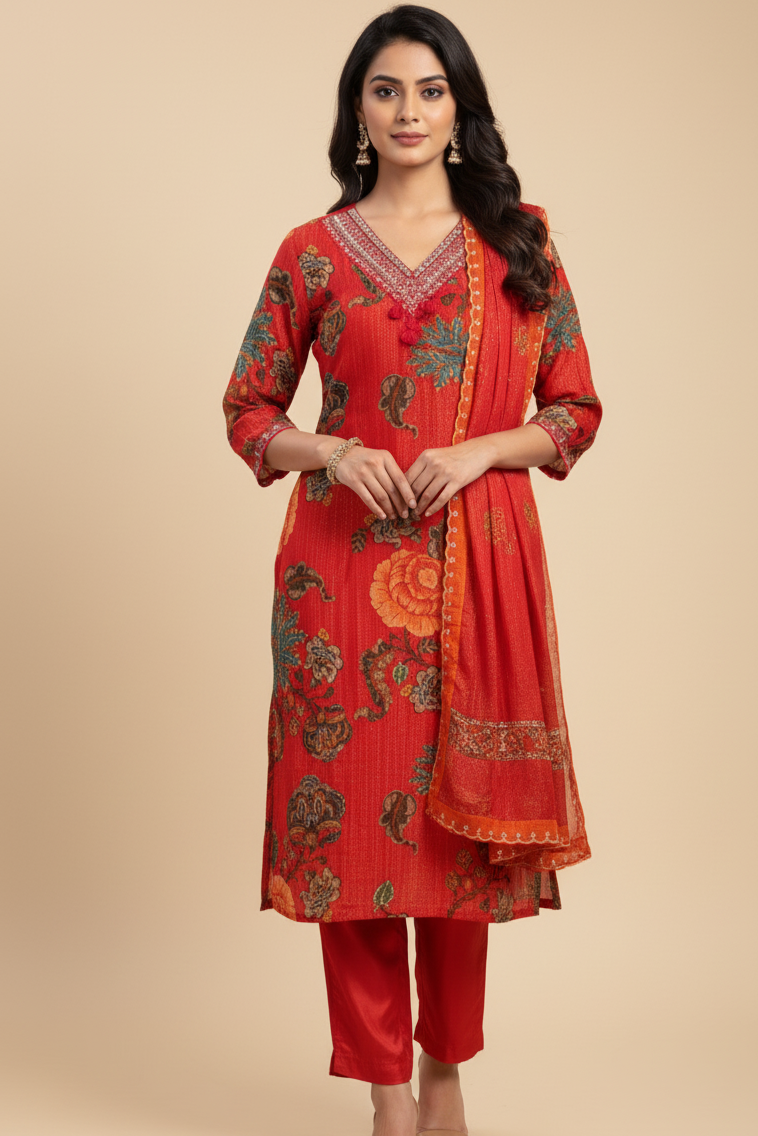 Fiery Red Floral Printed Kurta Set with Embroidered Neckline (GB-5732 R-30)