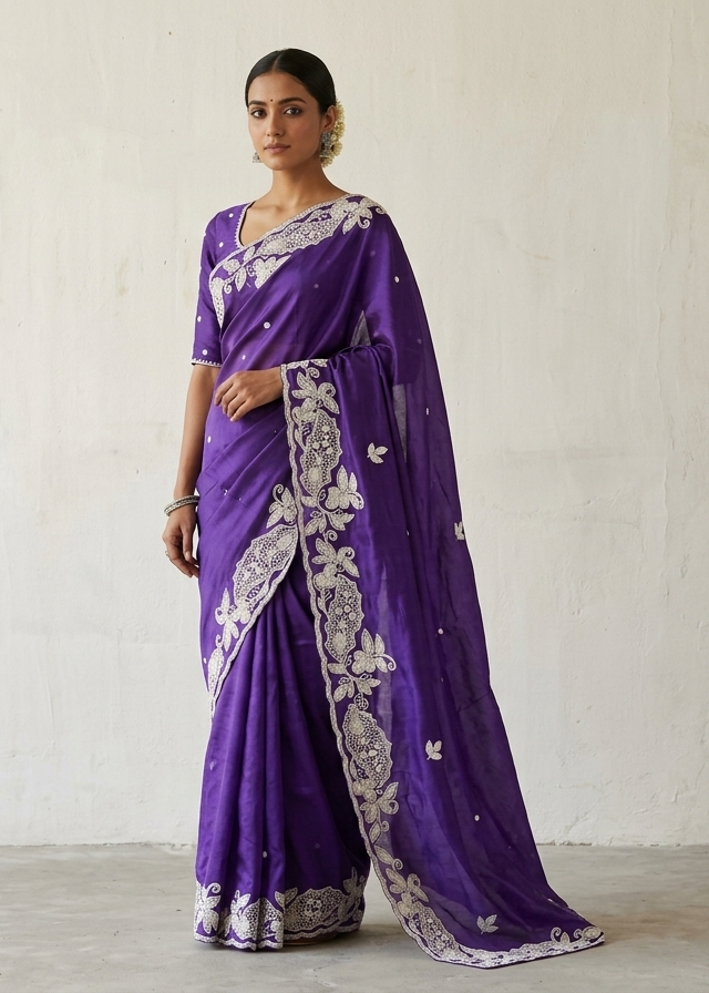 Royal Purple Soft Saree with Intricate Floral Lace Border and Elegant Pallu Main image
